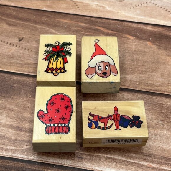 LOT OF 4 SUGARLOAF WOOD RUBBER STAMPS HOLIDAY THEMED PUPPY MITTEN TOY SOLDIER - Picture 1 of 6